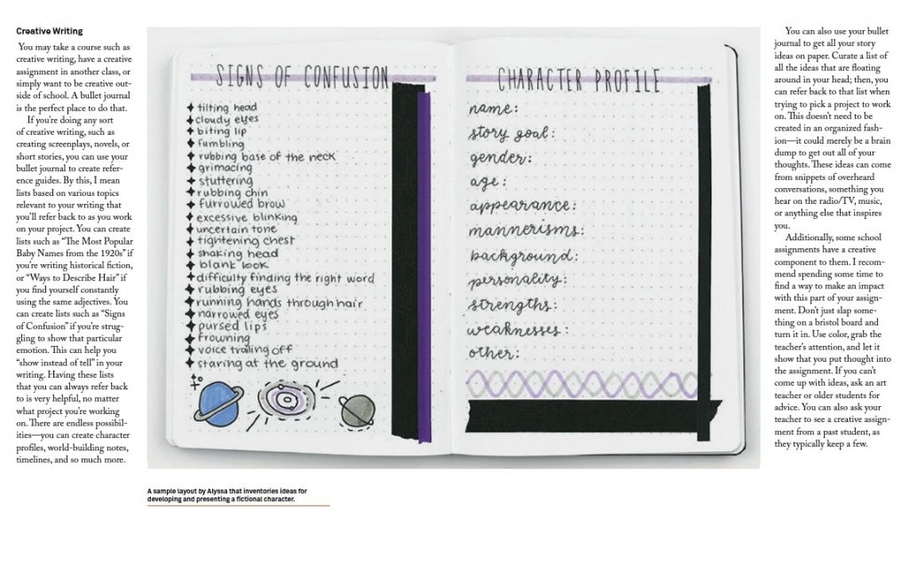 Sample page from "Study with Me" showing a bullet journal entry with signs of confusion to use in writing and an example of writing a character profile, with information in text.