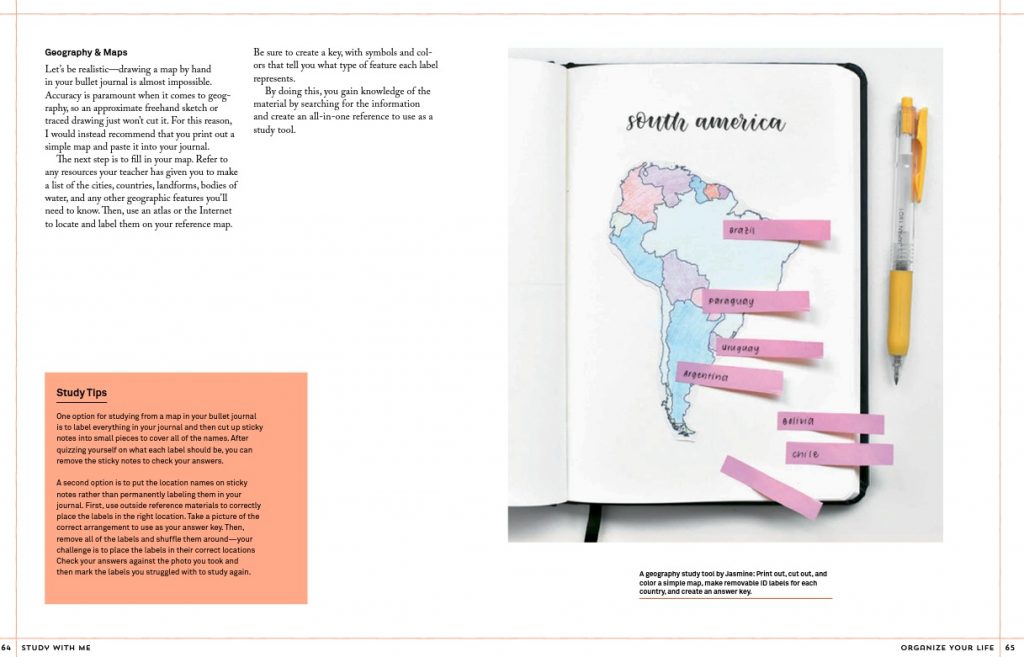 Sample page from Study With Me about bulleting journals for students, this one showing a map with labels